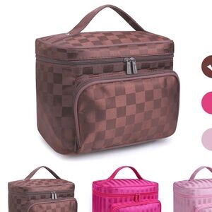 Checkered Brown Travel Cosmetic Bag